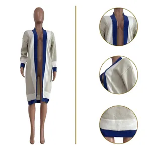Detail views of a long color-block knit cardigan showing neckline and hemline textures