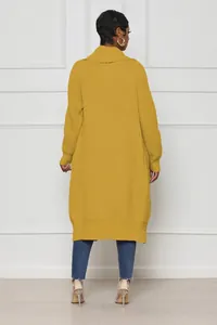 Back view of a stylish long mustard yellow knit cardigan for casual women's wear