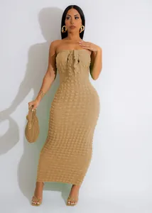 Sophisticated khaki bodycon sleeveless maxi dress in textured bubble fabric for women