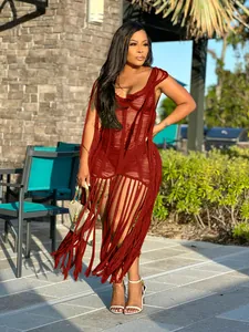 Robe de plage sexy au crochet rouge avec franges ajourées pour femmes en vacances