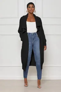 Casual solid color long knit cardigan jacket for women with ribbed texture details