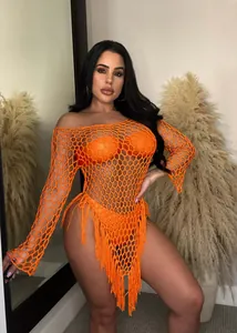 Detailed view of the stunning orange handmade crochet net beach dress with stylish fringe