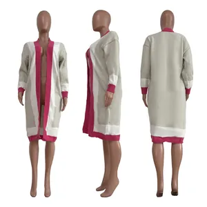 Three-view detail showing the front, side and back of a long color-block knit cardigan.