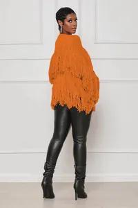 Detailed back view of a vibrant orange layered fringe knit cardigan coat for women