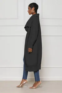 Side view of a long black knit cardigan sweater for women in a casual solid style.