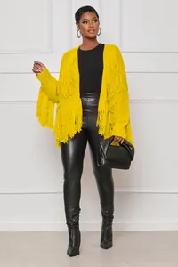 Stylish yellow knit cardigan featuring long fringe details and a short open-front design