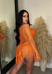Sexy orange handmade fishnet beach dress with long tassel details and off-shoulder design