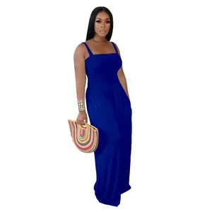 Elegant solid royal blue casual wide-leg jumpsuit featuring a strappy tube top design