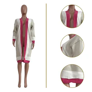 Detail view of women's colorblock knit long cardigan with collar and hem close-up shots.