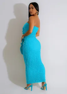 Sexy turquoise popcorn textured strapless tube maxi dress for a slim fit look