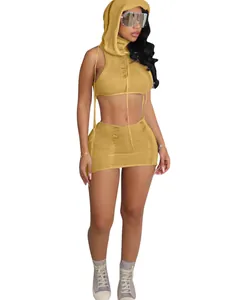 Modern sleeveless hooded crop top and matching mini skirt two-piece set in tan yellow
