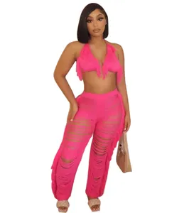 Ensemble bikini rose à franges avec pantalon de plage assorti en maille ajourée pour femmes