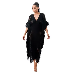 Handmade knitted black tassel maxi dress with V-neck and distressed fringe details