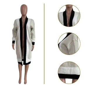 Detailed views of long color-block knit cardigan showing collar and sleeve textures