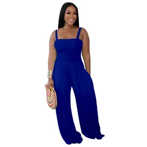 Elegant royal blue smocked top wide-leg jumpsuit on model, professional studio shot