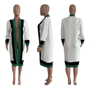 Three-angle detailed view of long-sleeved color block knit cardigan sweater for women.