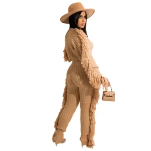 Elegant camel-colored knit two-piece set featuring stylish fringe detailing for women