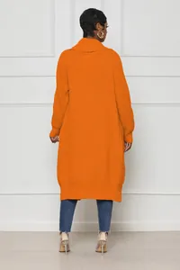 Detailed back view of a long bright orange knit cardigan sweater jacket for women.