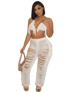 Ensemble sexy bikini blanc à franges et pantalon de plage en maille pour femme