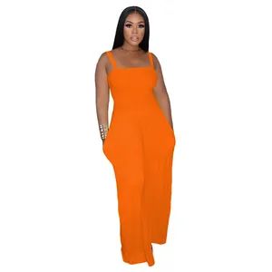 Sleeveless orange jumpsuit with smocked bodice and wide-leg design for women