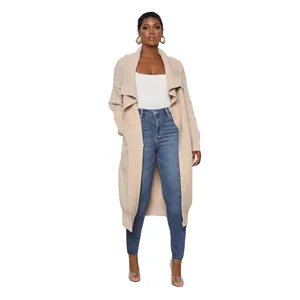 Women's casual long knit cardigan in solid beige color, full body view