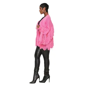 Side view of vibrant pink knitted cardigan featuring heavy layered fringe details