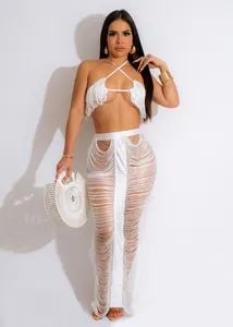 Set mare sexy bianco con top all'americana a frange e gonna lunga coordinata estate