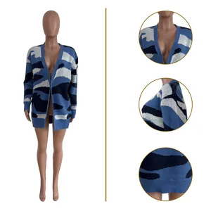 Cardigan casual in maglia mimetica da donna con vista completa e dettagli ravvicinati