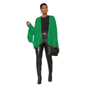 Stylish women's bright green knit cardigan featuring layered long tassels and an open front design