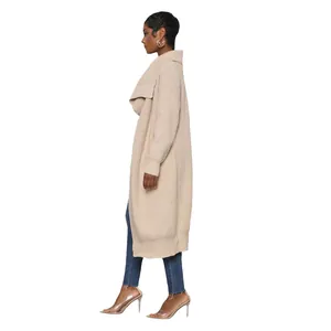 Casual long-sleeved beige knit cardigan for women featuring a stylish chunky knit texture