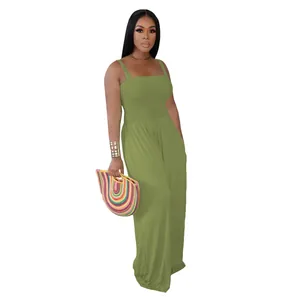Women's olive green smocked wide-leg jumpsuit with thin straps and pockets