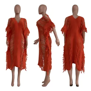 Orange handmade knitted see-through dress with fringe tassels shown in three views