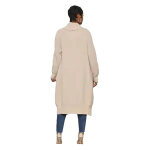 Full back view of a stylish women's beige long knit cardigan sweater with loose fit