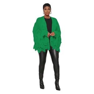 Stylish women's green knitted cardigan featuring heavy fringe detail and short fit