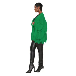 Elegant women's solid green knit cardigan featuring chic fringe details and short cut