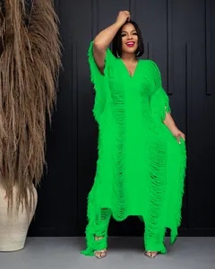 Vibrant green handmade knitted set with all-over fringe and hollow-out detailing