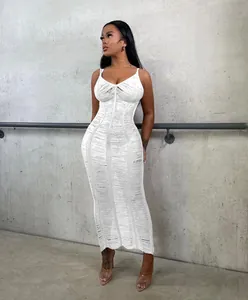 White sleeveless knitted hollow-out maxi beach dress for women on model