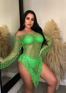 Sexy neon green handmade crochet mesh beach dress with long sleeves and tassel detail
