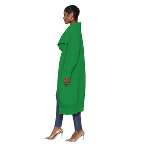 Side view of a vibrant green long-line knit cardigan for stylish women's casual fashion