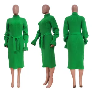 Présentation complète d'une robe en maille verte à col roulé avec ceinture amovible