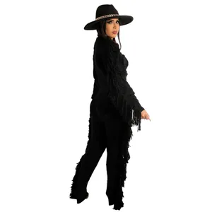 Detailed back view of a chic black knitted lounge set with long fringe decorations