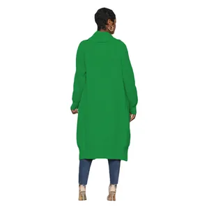Detailed back view of a stylish women's casual long green knitted cardigan sweater coat