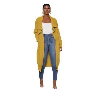 Detailed view of a stylish women's long mustard yellow knit cardigan featuring an open front design