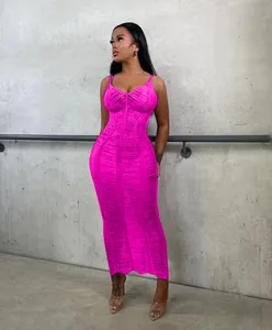Sexy hot pink hollow-out knitted camisole maxi dress with distressed texture