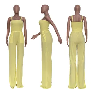 Detailed views showing front side and back of yellow wide-leg jumpsuit
