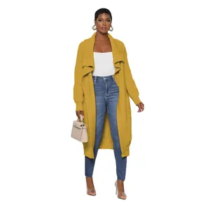 Full-length view of a mustard yellow rib-knit cardigan for women in a casual style
