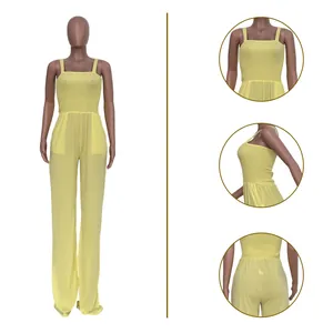 Detailed view of yellow smocked tube top wide-leg jumpsuit for women's fashion