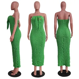 Detailed view of green bubble fabric tube maxi dress from three angles