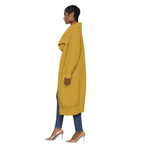 Elegant mustard yellow long-line knit cardigan jacket for women shown in side profile view