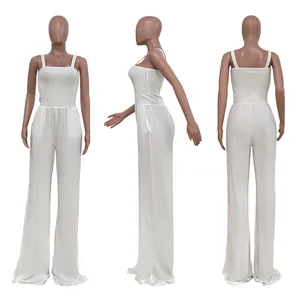 Elegant white smocked bodice sleeveless wide-leg jumpsuit shown from three angles.